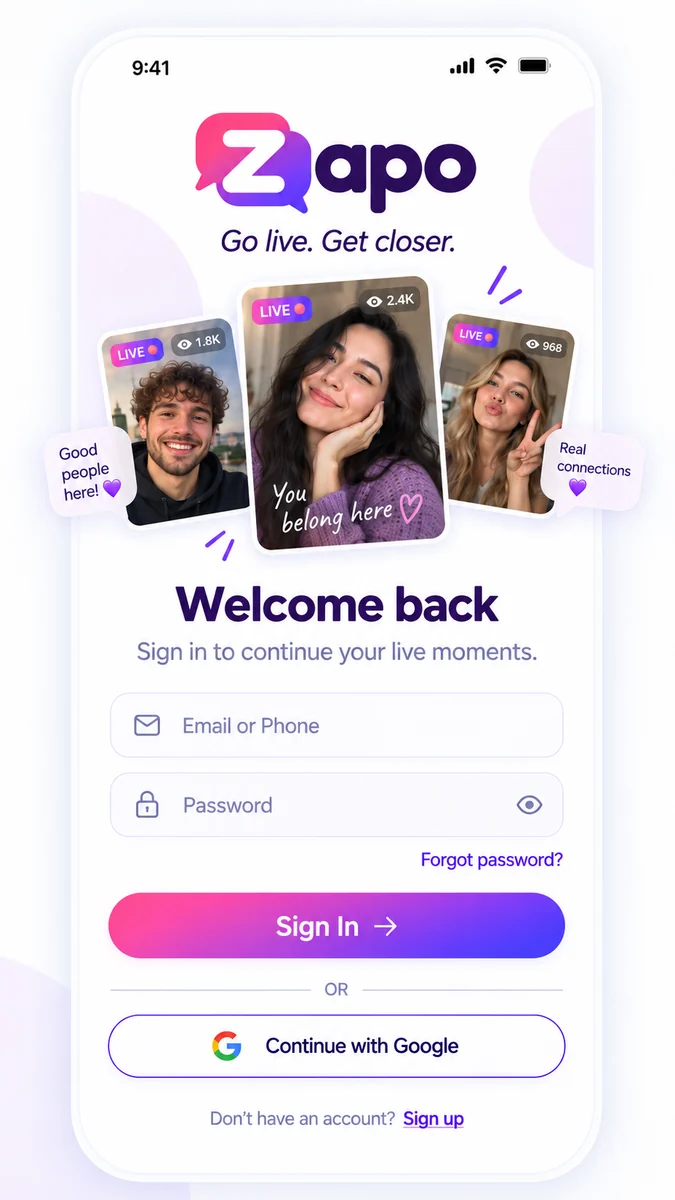 Zapo sign in screen