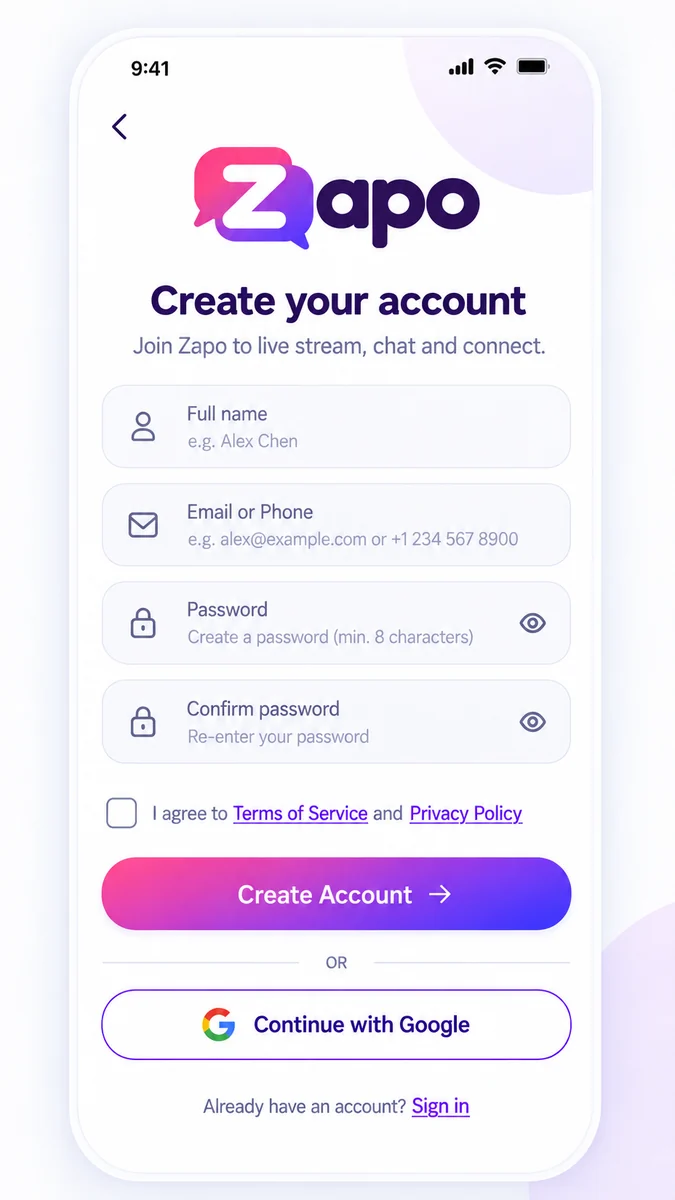 Zapo create account screen