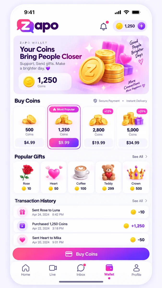 Zapo wallet screen